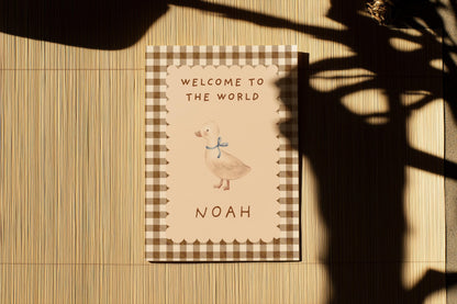 Personalized Welcome to the World Baby Card: Vintage Gingham Duck Design