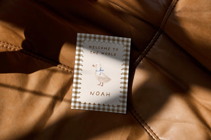 Personalized Welcome to the World Baby Card: Vintage Gingham Duck Design