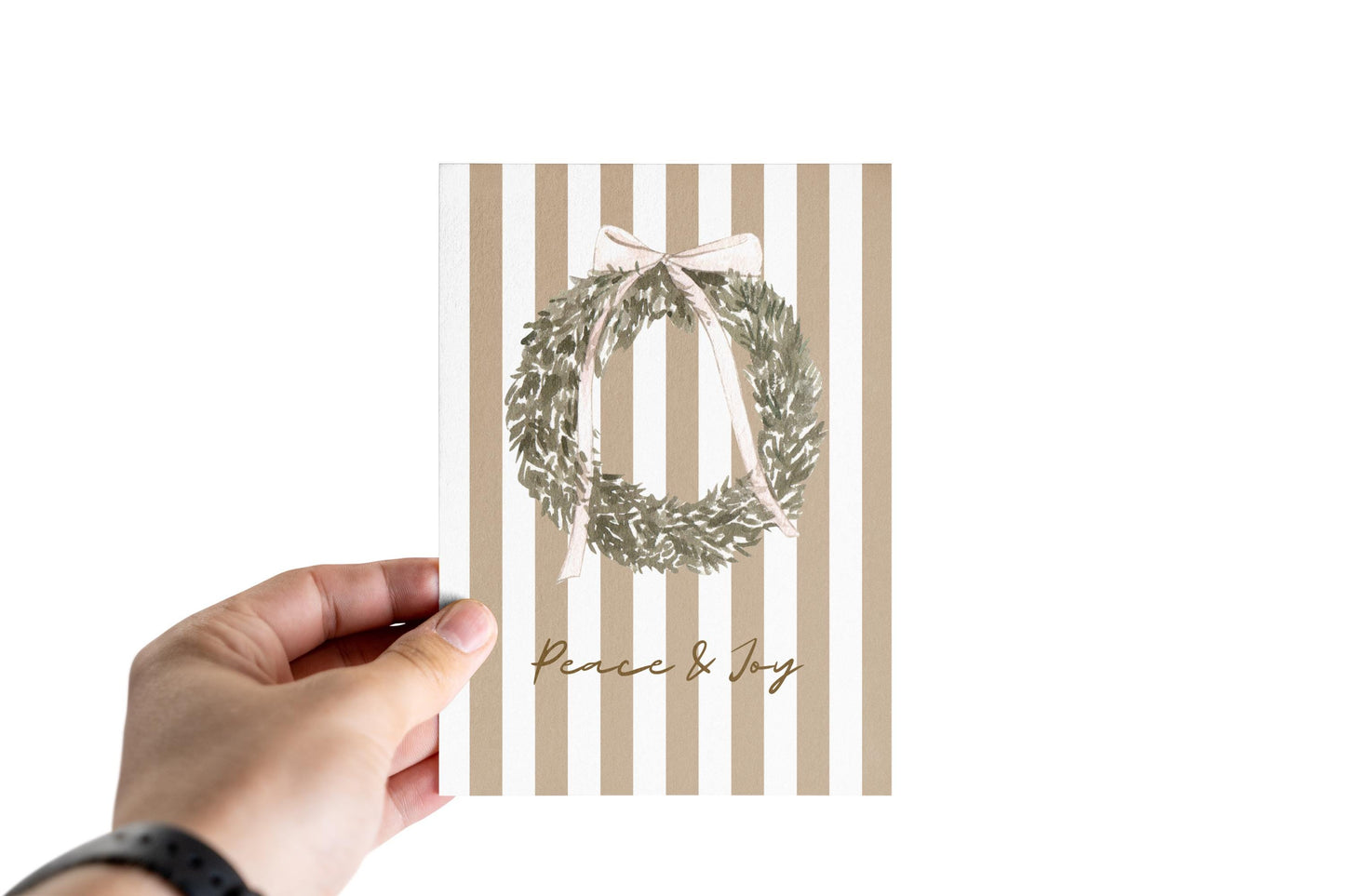 Vintage Christmas Card A6 Holiday Greeting with Kraft Envelope  Minimalist Peace and Joy Christmas Wreath Card  Rustic Festive Stationery