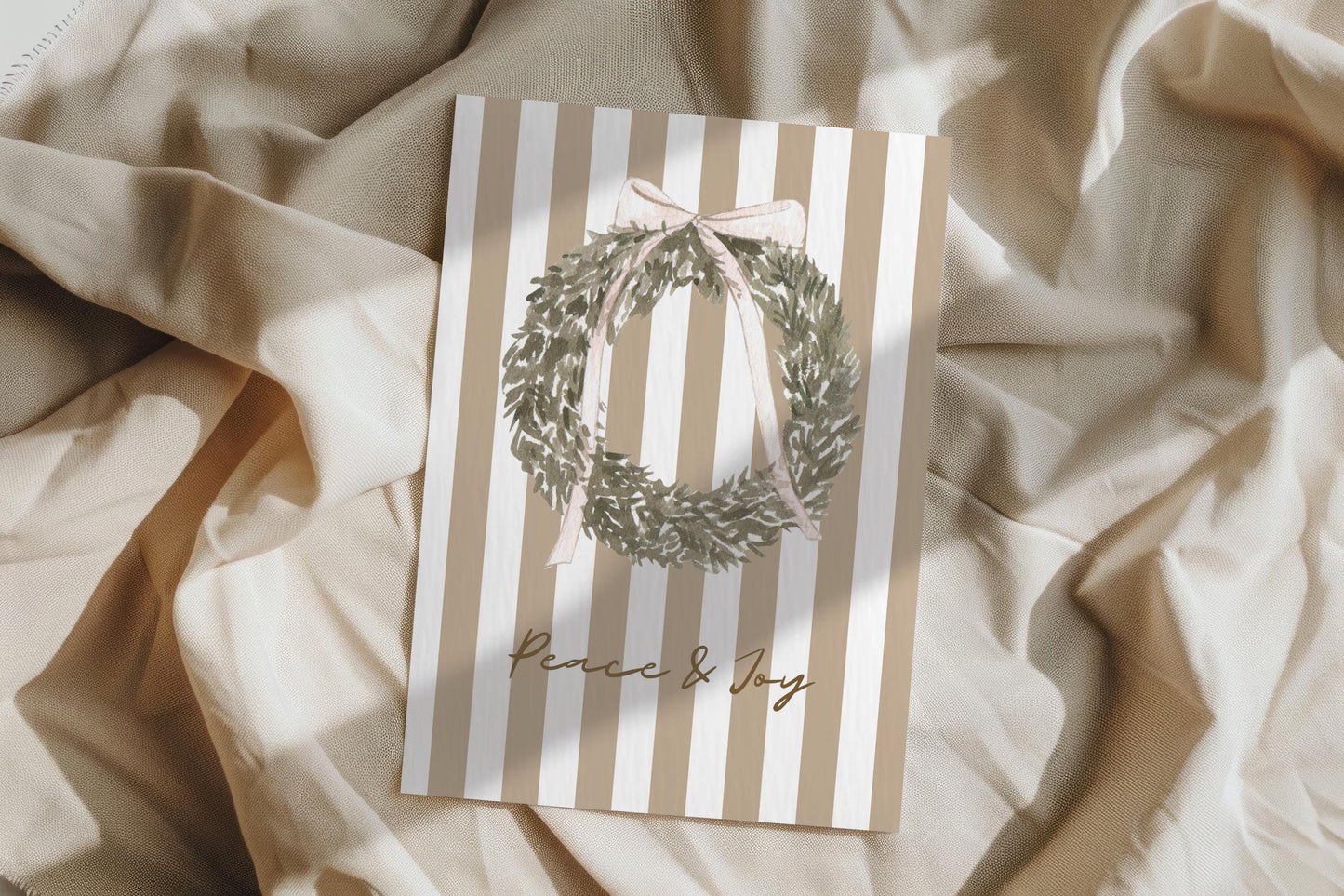 Vintage Christmas Card A6 Holiday Greeting with Kraft Envelope  Minimalist Peace and Joy Christmas Wreath Card  Rustic Festive Stationery