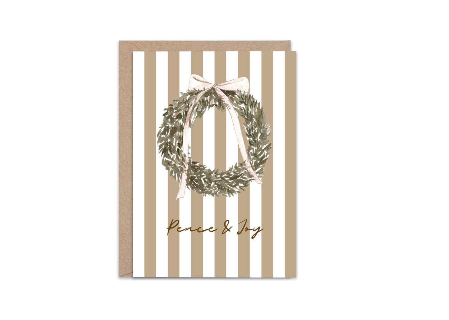 Vintage Christmas Card A6 Holiday Greeting with Kraft Envelope  Minimalist Peace and Joy Christmas Wreath Card  Rustic Festive Stationery