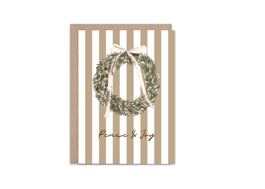 Vintage Christmas Card A6 Holiday Greeting with Kraft Envelope  Minimalist Peace and Joy Christmas Wreath Card  Rustic Festive Stationery