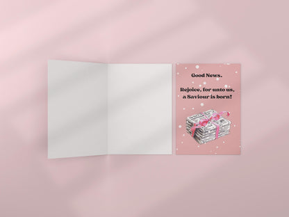 Christian Christmas Card “Good News” Gospel Message Birth of Jesus Faith Based Holiday Greeting Pink Polka Dot Design whimsical vintage