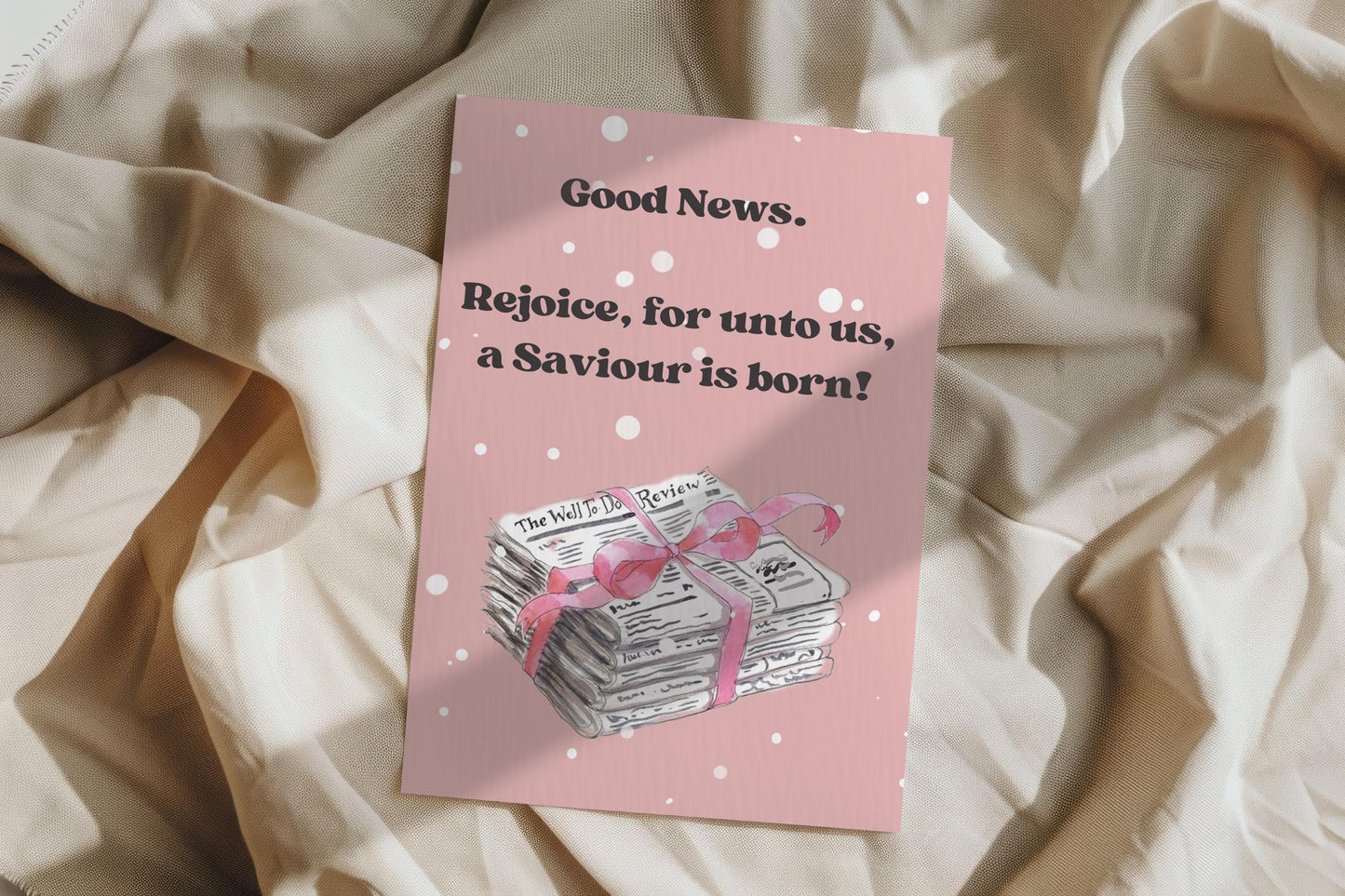 Christian Christmas Card “Good News” Gospel Message Birth of Jesus Faith Based Holiday Greeting Pink Polka Dot Design whimsical vintage