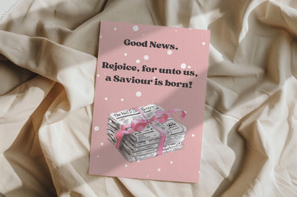 Christian Christmas Card “Good News” Gospel Message Birth of Jesus Faith Based Holiday Greeting Pink Polka Dot Design whimsical vintage
