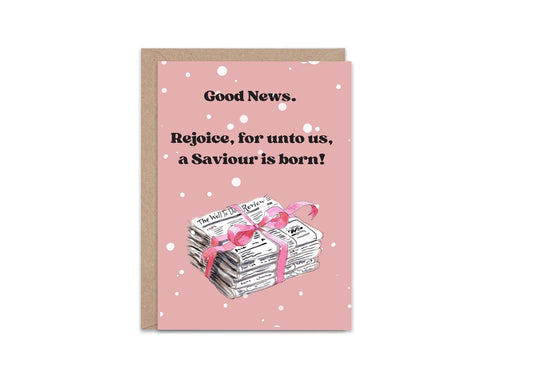 Christian Christmas Card “Good News” Gospel Message Birth of Jesus Faith Based Holiday Greeting Pink Polka Dot Design whimsical vintage