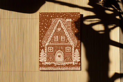 Unique whimsical Gingerbread House Christmas Card Holiday Greeting Card kids Festive Cookie House Illustration Blank Inside Premium Paper A6