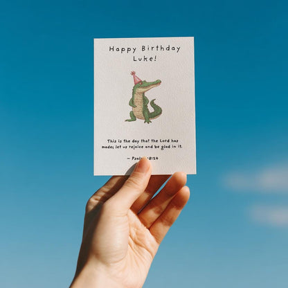 Personalised Christian Birthday Card Psalm 118:24 Scripture Card Happy Birthday Alligator, Faith Celebration Card Cute Animal funny birthday