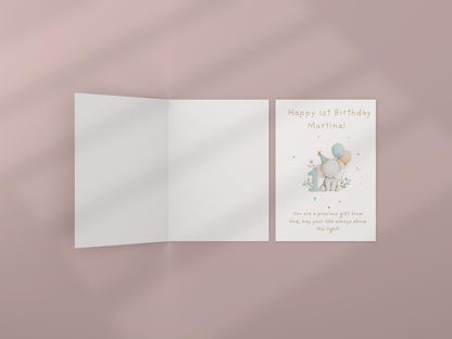 Personalized 1st Birthday Card | Cute Elephant Design | A6 300gsm | Blank Inside | Kraft Envelope | Baby’s First Birthday Greeting