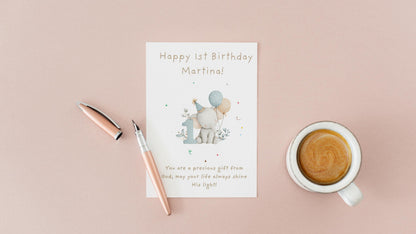Personalized 1st Birthday Card | Cute Elephant Design | A6 300gsm | Blank Inside | Kraft Envelope | Baby’s First Birthday Greeting