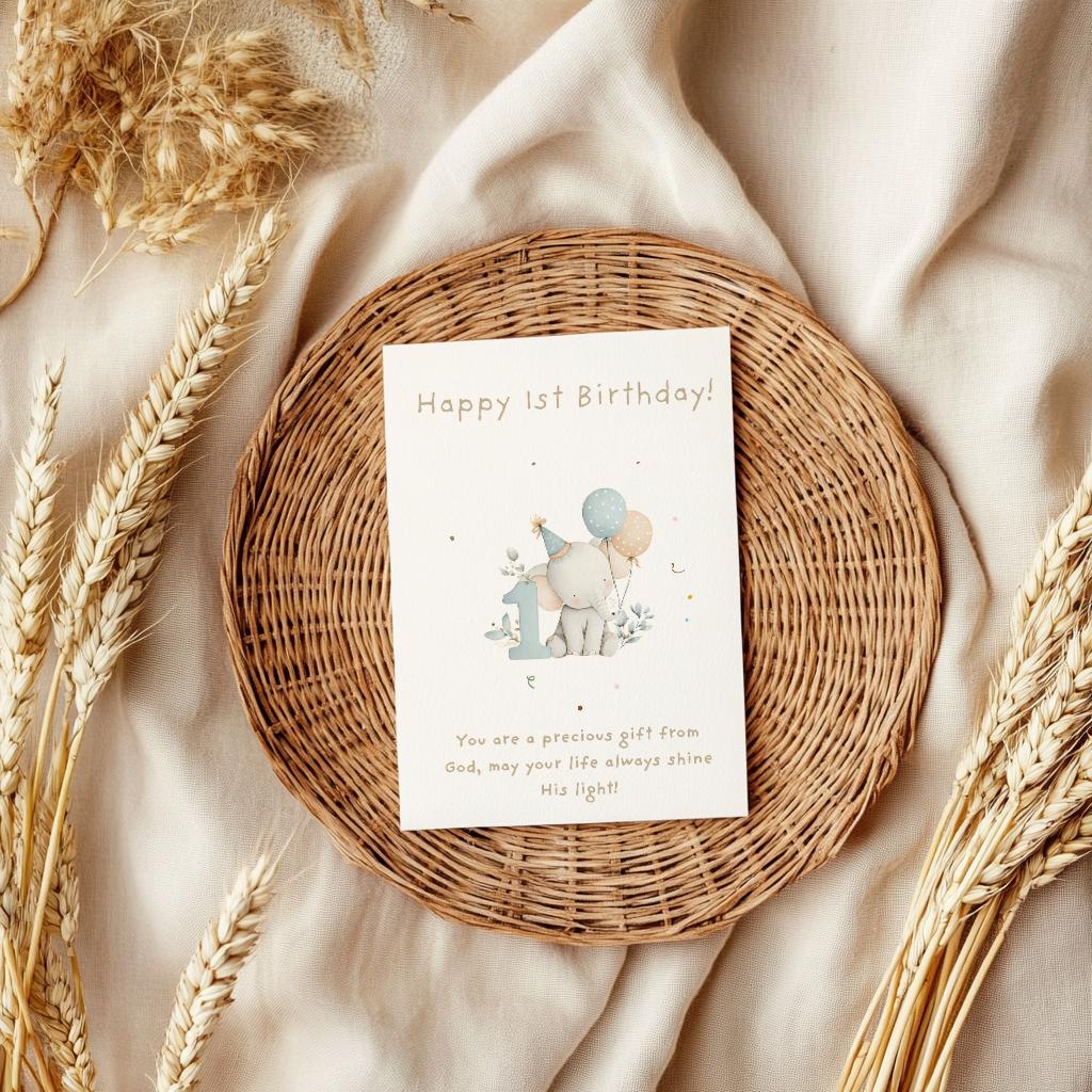 1st Birthday Card | Cute Elephant Design | A6 300gsm | Blank Inside | Kraft Envelope | Baby’s First Birthday Greeting Card, Keepsake