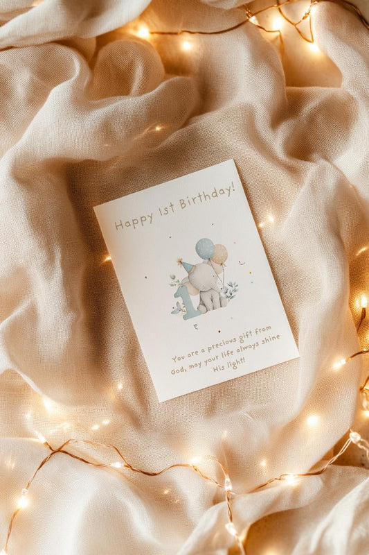1st Birthday Card | Cute Elephant Design | A6 300gsm | Blank Inside | Kraft Envelope | Baby’s First Birthday Greeting Card, Keepsake