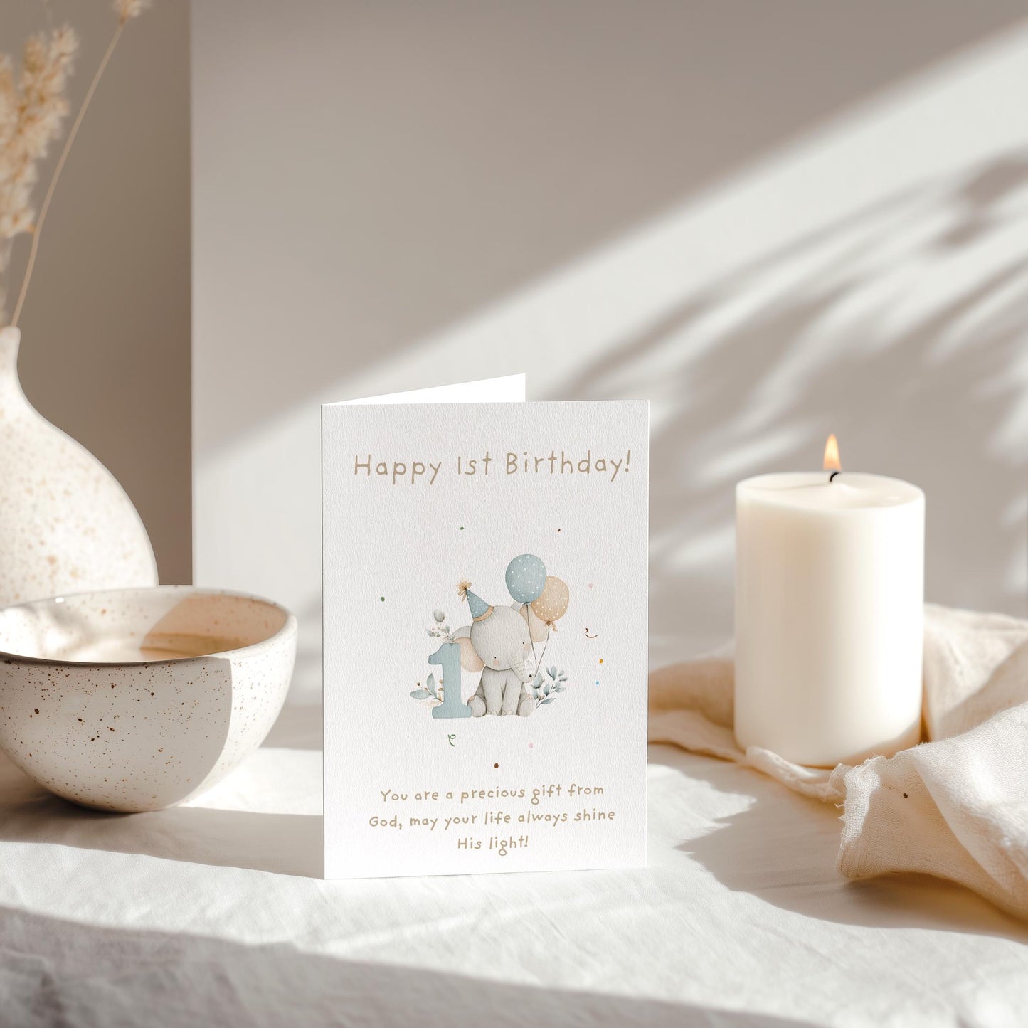 1st Birthday Card | Cute Elephant Design | A6 300gsm | Blank Inside | Kraft Envelope | Baby’s First Birthday Greeting Card, Keepsake