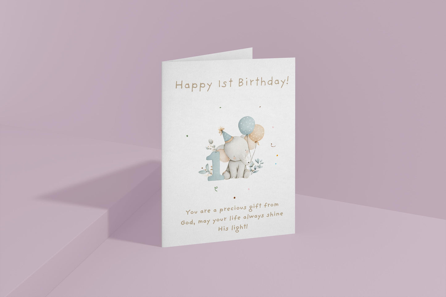 1st Birthday Card | Cute Elephant Design | A6 300gsm | Blank Inside | Kraft Envelope | Baby’s First Birthday Greeting Card, Keepsake