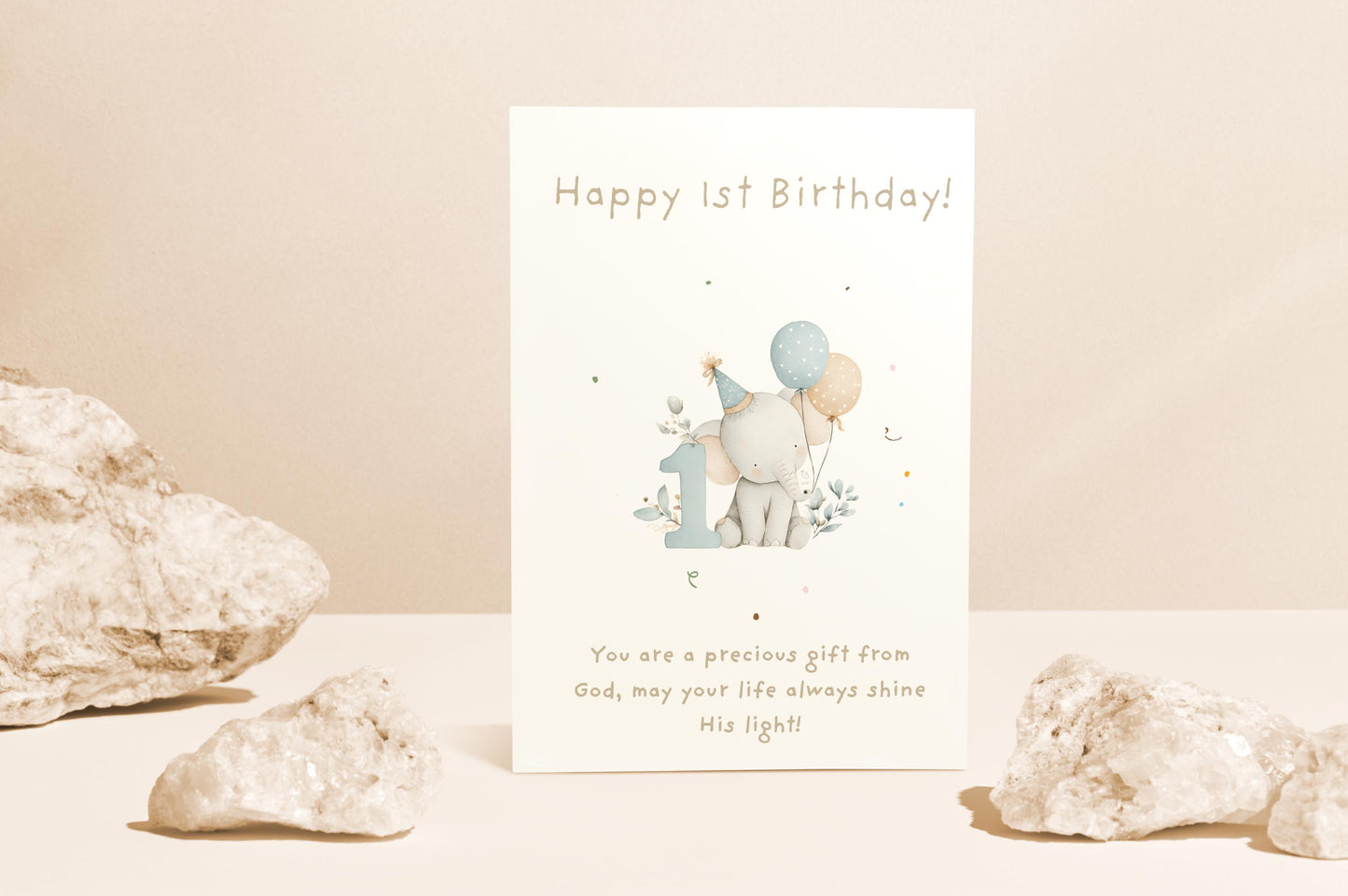1st Birthday Card | Cute Elephant Design | A6 300gsm | Blank Inside | Kraft Envelope | Baby’s First Birthday Greeting Card, Keepsake