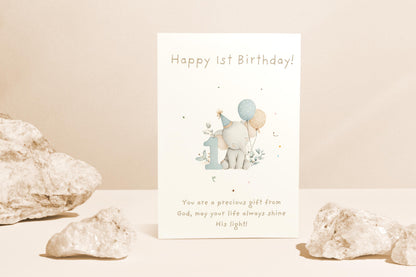 1st Birthday Card | Cute Elephant Design | A6 300gsm | Blank Inside | Kraft Envelope | Baby’s First Birthday Greeting Card, Keepsake