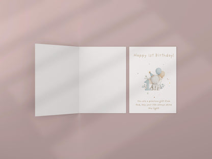 1st Birthday Card | Cute Elephant Design | A6 300gsm | Blank Inside | Kraft Envelope | Baby’s First Birthday Greeting Card, Keepsake