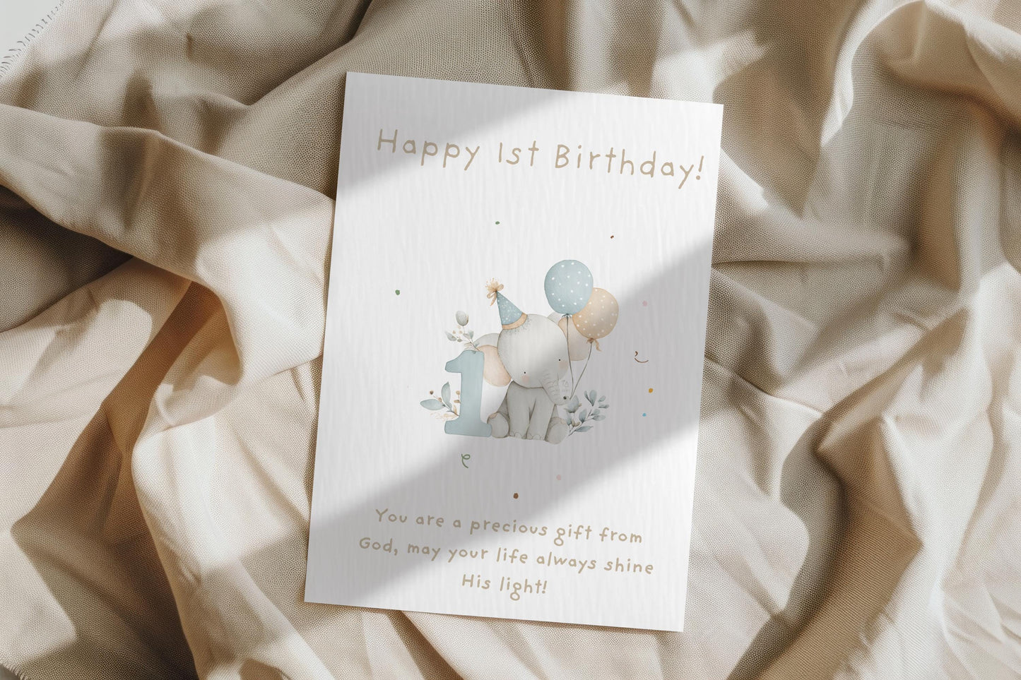 1st Birthday Card | Cute Elephant Design | A6 300gsm | Blank Inside | Kraft Envelope | Baby’s First Birthday Greeting Card, Keepsake