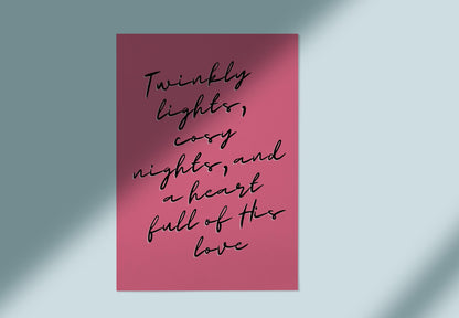 Christian Christmas Card | Modern Faith Holiday Greeting | Pink “Twinkly Lights” Cosy Christmas Card | Scripture Scribbles