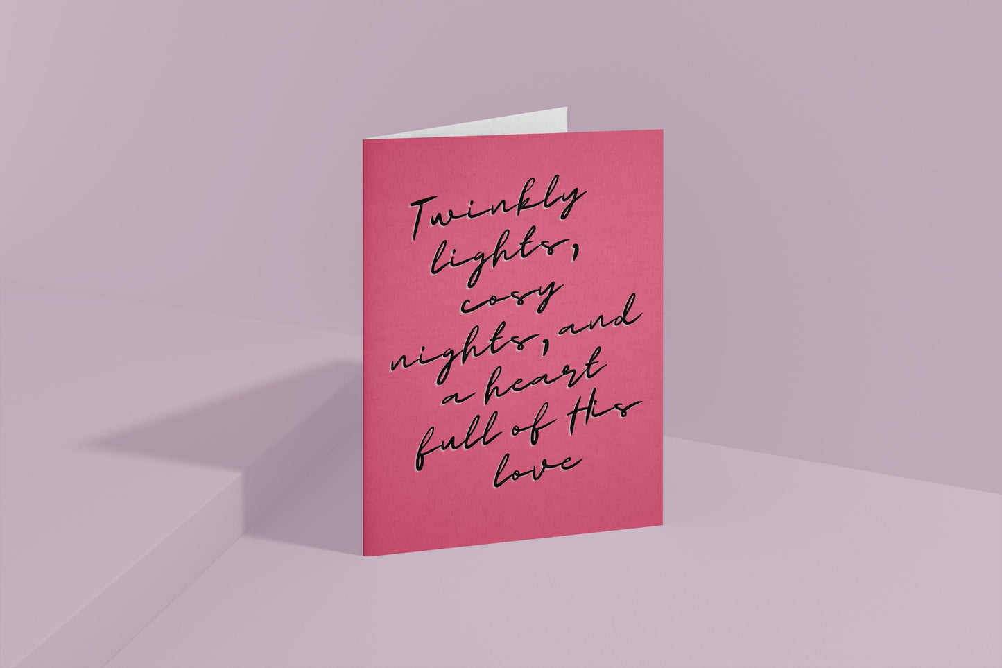 Christian Christmas Card | Modern Faith Holiday Greeting | Pink “Twinkly Lights” Cosy Christmas Card | Scripture Scribbles