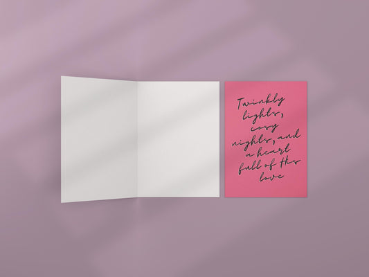 Christian Christmas Card | Modern Faith Holiday Greeting | Pink “Twinkly Lights” Cosy Christmas Card | Scripture Scribbles