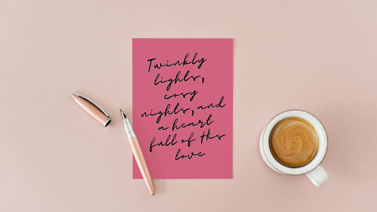 Christian Christmas Card | Modern Faith Holiday Greeting | Pink “Twinkly Lights” Cosy Christmas Card | Scripture Scribbles