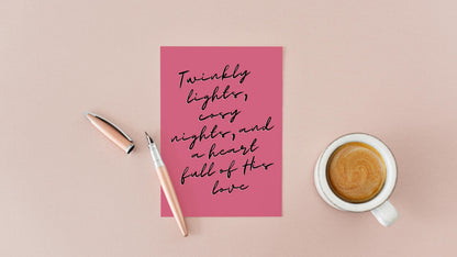 Christian Christmas Card | Modern Faith Holiday Greeting | Pink “Twinkly Lights” Cosy Christmas Card | Scripture Scribbles