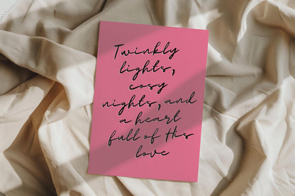 Christian Christmas Card | Modern Faith Holiday Greeting | Pink “Twinkly Lights” Cosy Christmas Card | Scripture Scribbles