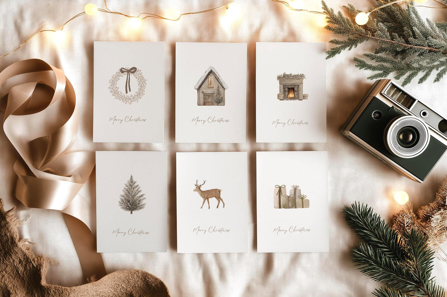 Minimalist Scandinavian Style Christmas Cards Set of 6 Modern Holiday Greeting Cards Elegant Merry Christmas Stationery Card Pack