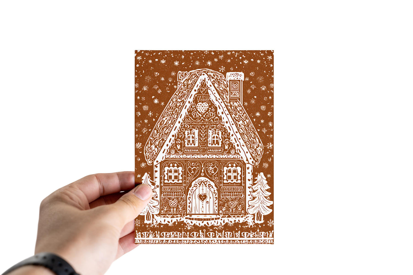 Unique whimsical Gingerbread House Christmas Card Holiday Greeting Card kids Festive Cookie House Illustration Blank Inside Premium Paper A6