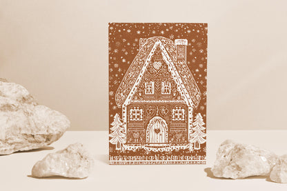 Unique whimsical Gingerbread House Christmas Card Holiday Greeting Card kids Festive Cookie House Illustration Blank Inside Premium Paper A6