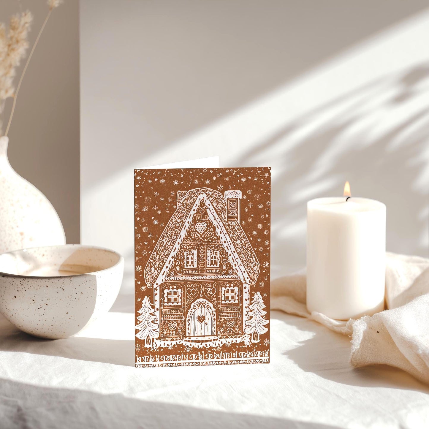 Unique whimsical Gingerbread House Christmas Card Holiday Greeting Card kids Festive Cookie House Illustration Blank Inside Premium Paper A6