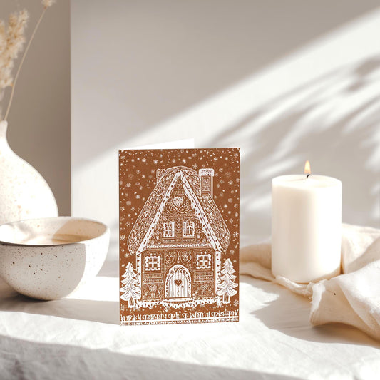 Unique whimsical Gingerbread House Christmas Card Holiday Greeting Card kids Festive Cookie House Illustration Blank Inside Premium Paper A6
