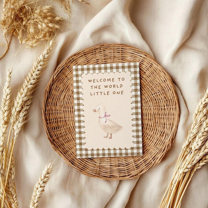 Personalized Welcome to the World Baby Card: Vintage Gingham Duck Design