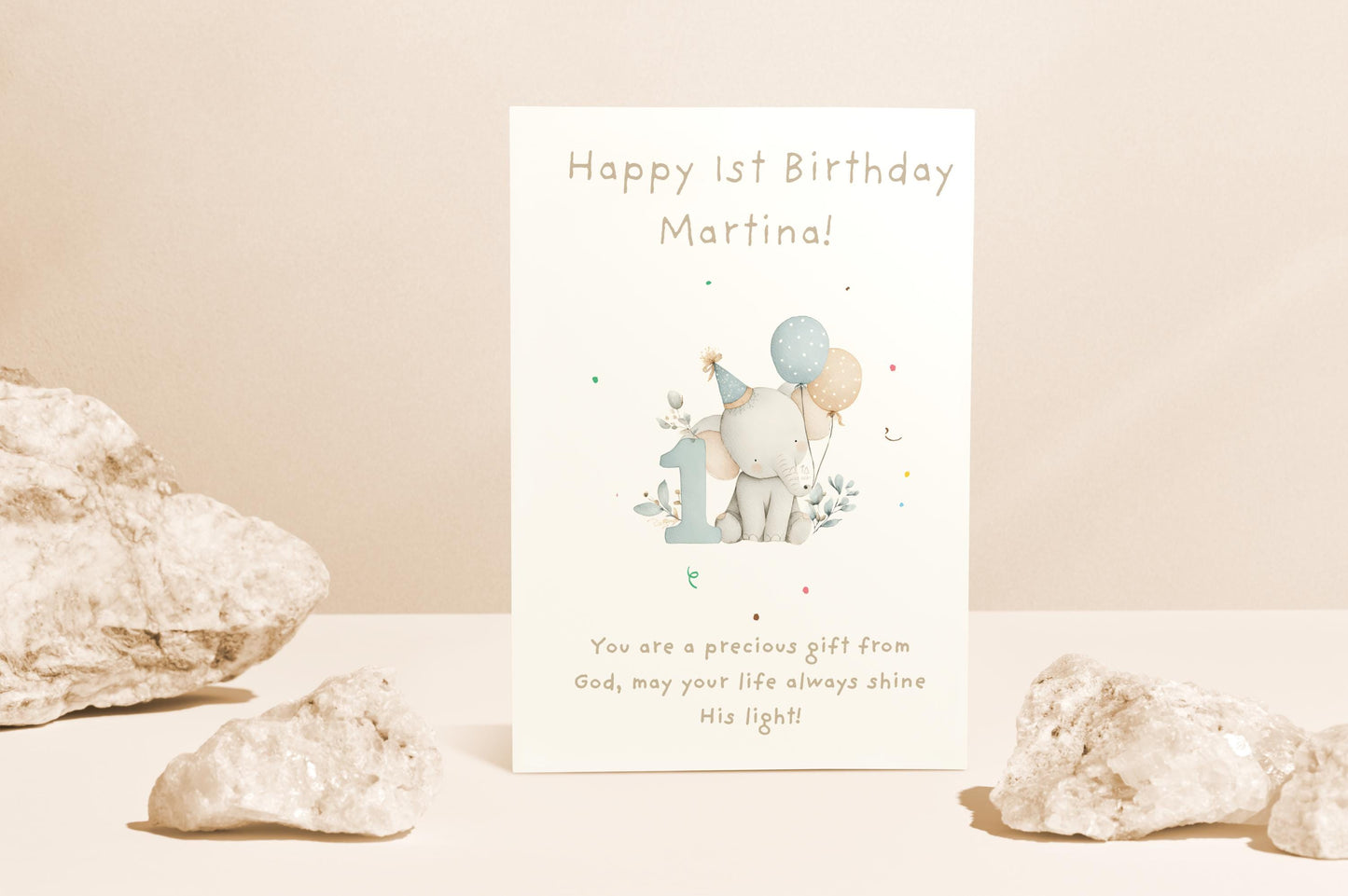 Personalized 1st Birthday Card | Cute Elephant Design | A6 300gsm | Blank Inside | Kraft Envelope | Baby’s First Birthday Greeting