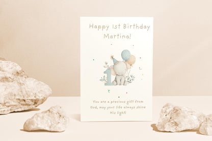 Personalized 1st Birthday Card | Cute Elephant Design | A6 300gsm | Blank Inside | Kraft Envelope | Baby’s First Birthday Greeting