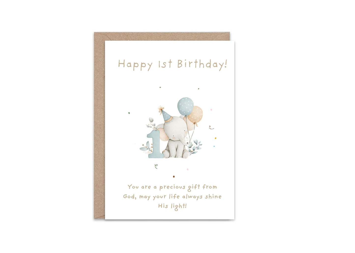 1st Birthday Card | Cute Elephant Design | A6 300gsm | Blank Inside | Kraft Envelope | Baby’s First Birthday Greeting Card, Keepsake