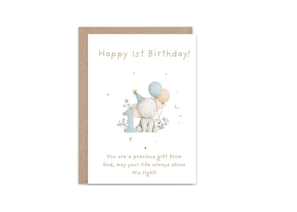 1st Birthday Card | Cute Elephant Design | A6 300gsm | Blank Inside | Kraft Envelope | Baby’s First Birthday Greeting Card, Keepsake