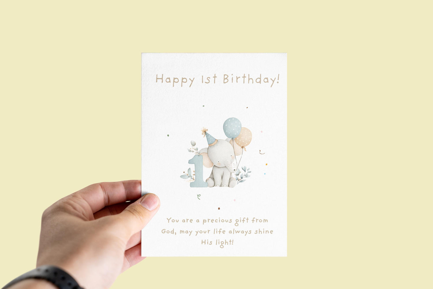 1st Birthday Card | Cute Elephant Design | A6 300gsm | Blank Inside | Kraft Envelope | Baby’s First Birthday Greeting Card, Keepsake