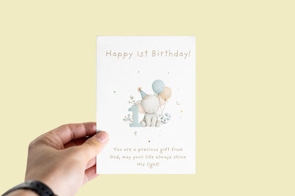 1st Birthday Card | Cute Elephant Design | A6 300gsm | Blank Inside | Kraft Envelope | Baby’s First Birthday Greeting Card, Keepsake