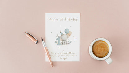 1st Birthday Card | Cute Elephant Design | A6 300gsm | Blank Inside | Kraft Envelope | Baby’s First Birthday Greeting Card, Keepsake