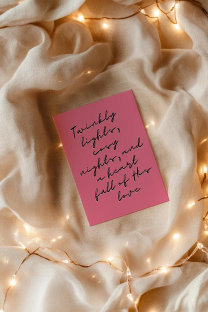 Christian Christmas Card | Modern Faith Holiday Greeting | Pink “Twinkly Lights” Cosy Christmas Card | Scripture Scribbles