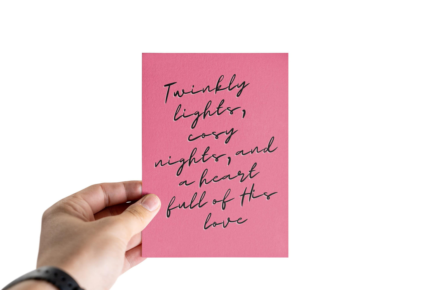 Christian Christmas Card | Modern Faith Holiday Greeting | Pink “Twinkly Lights” Cosy Christmas Card | Scripture Scribbles
