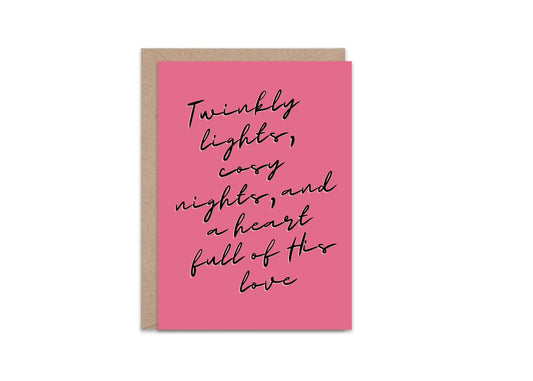 Christian Christmas Card | Modern Faith Holiday Greeting | Pink “Twinkly Lights” Cosy Christmas Card | Scripture Scribbles